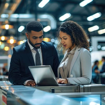 duo reviewing global supply chains peak season data on laptop