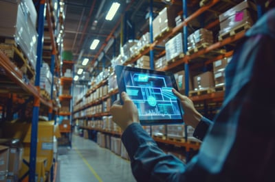 logistics data professional with a tablet in warehouse